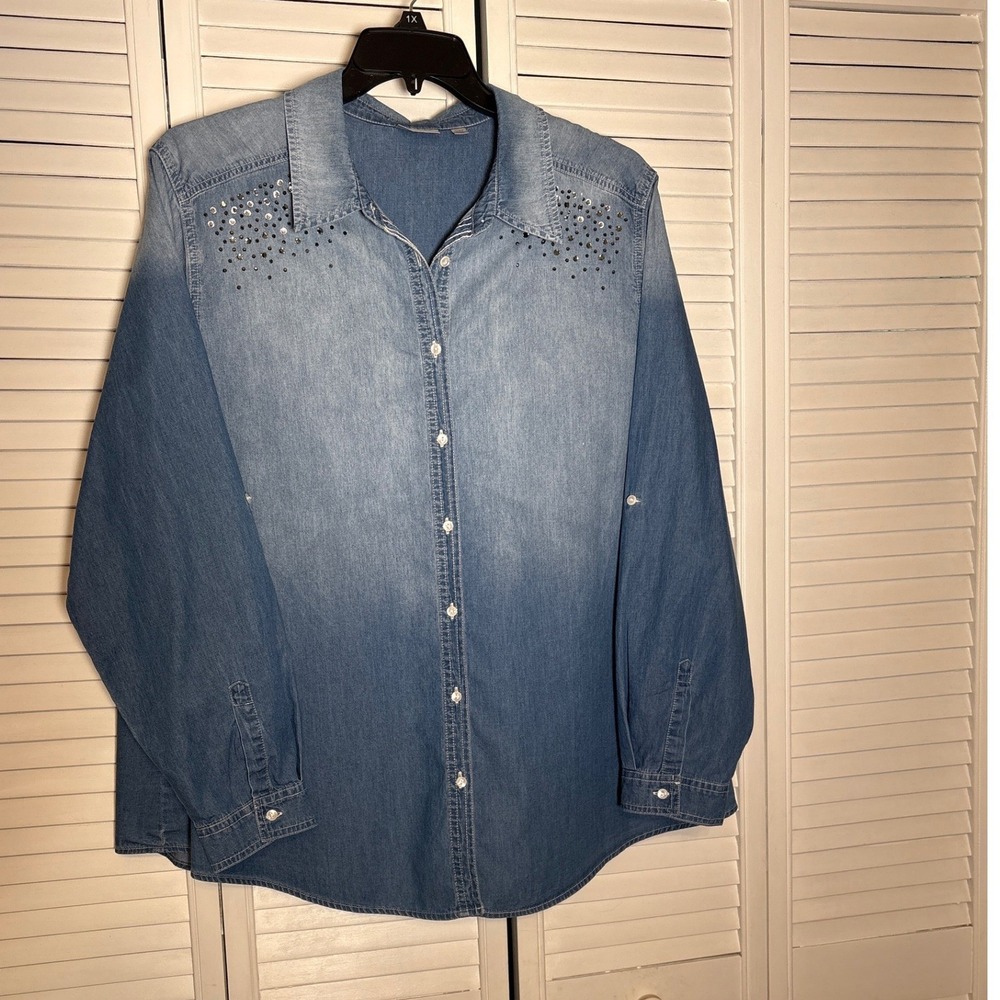 Avenue Womens Denim Shirt 22/24 Blue Ombre Rhinestone Studded Roll Tab Sleeve